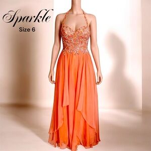 Sparkle Coral Embellished Halter Lace-Up Corset Gown